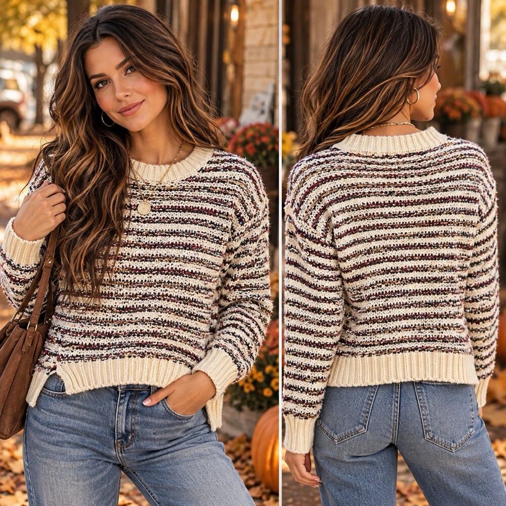 Heartloom Sz M Womens Cream Multicolor Metallic Striped Chunky Knit Sweater Boho